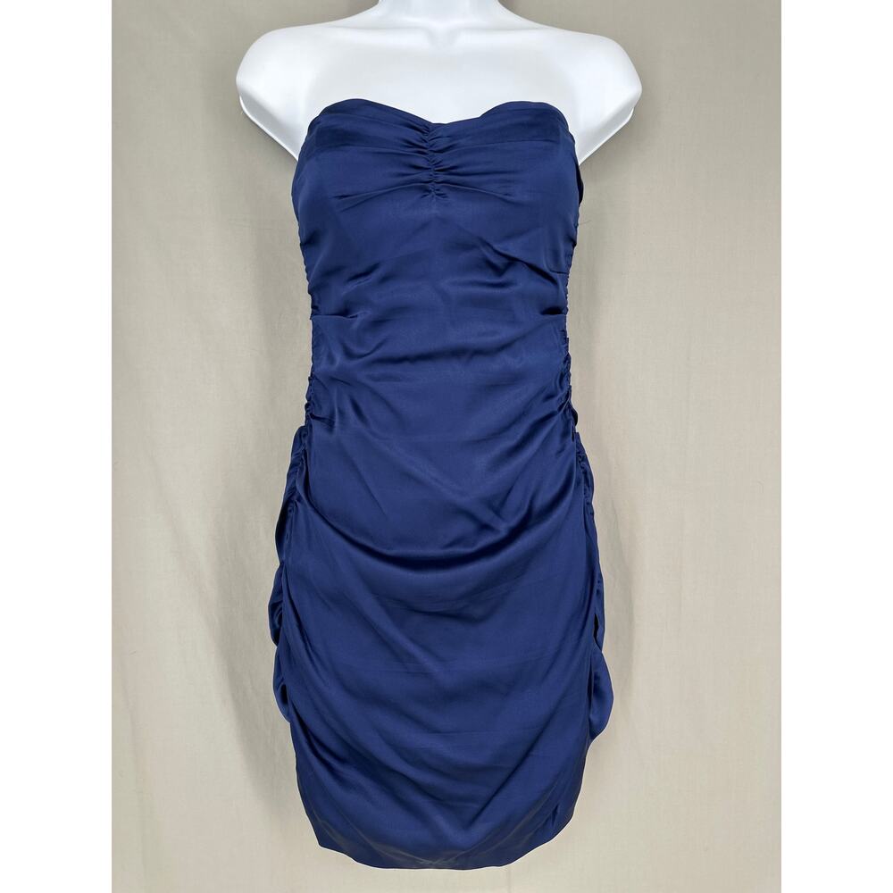 Y2K Vintage Dress Womens Small Blue Mini Silk Strapless Party Event Stretch